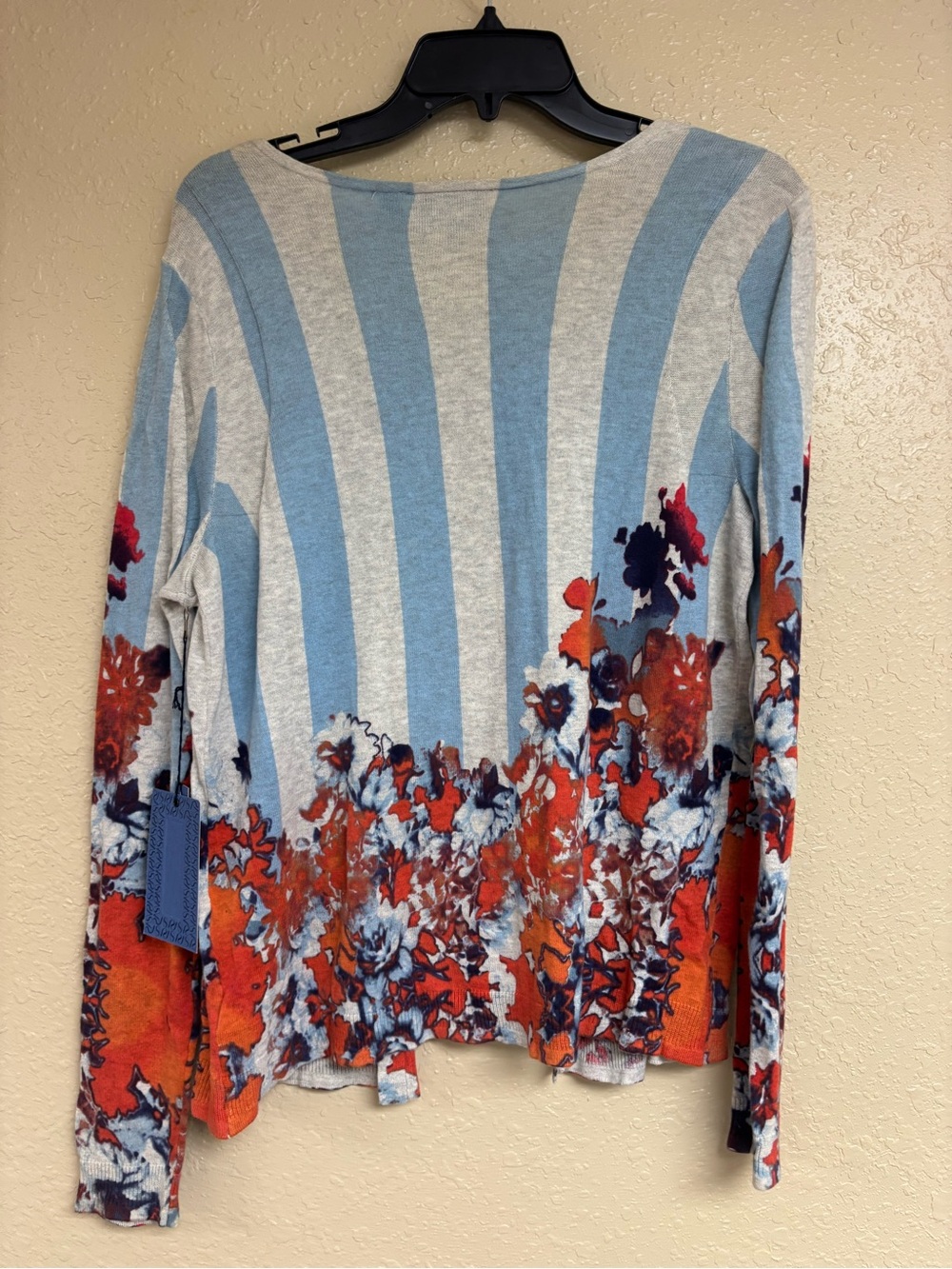 Vera Wang Blue & Gray Striped Long-Sleeve Top with Orange Floral Border - Picture 2 of 6